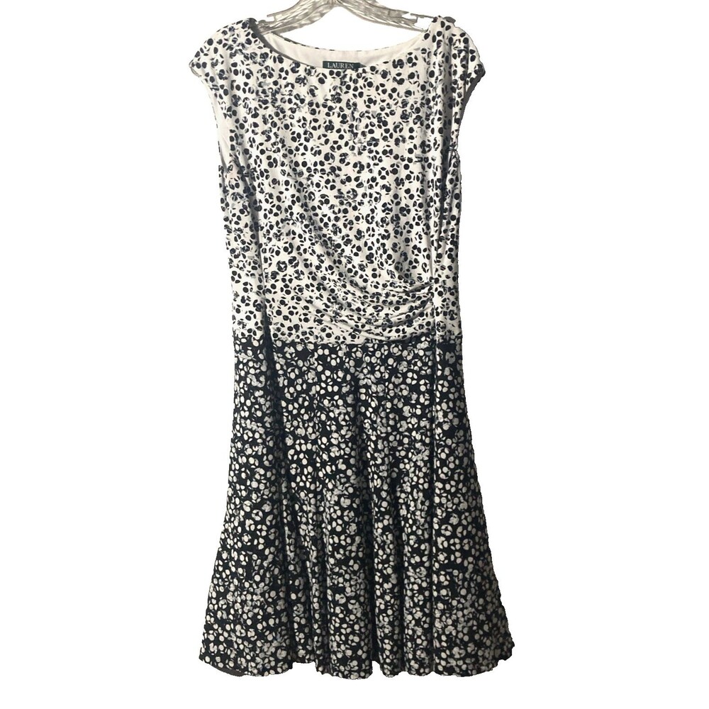 LAUREN RALPH LAUREN black white color black ruched sleeveless a-line dress 10